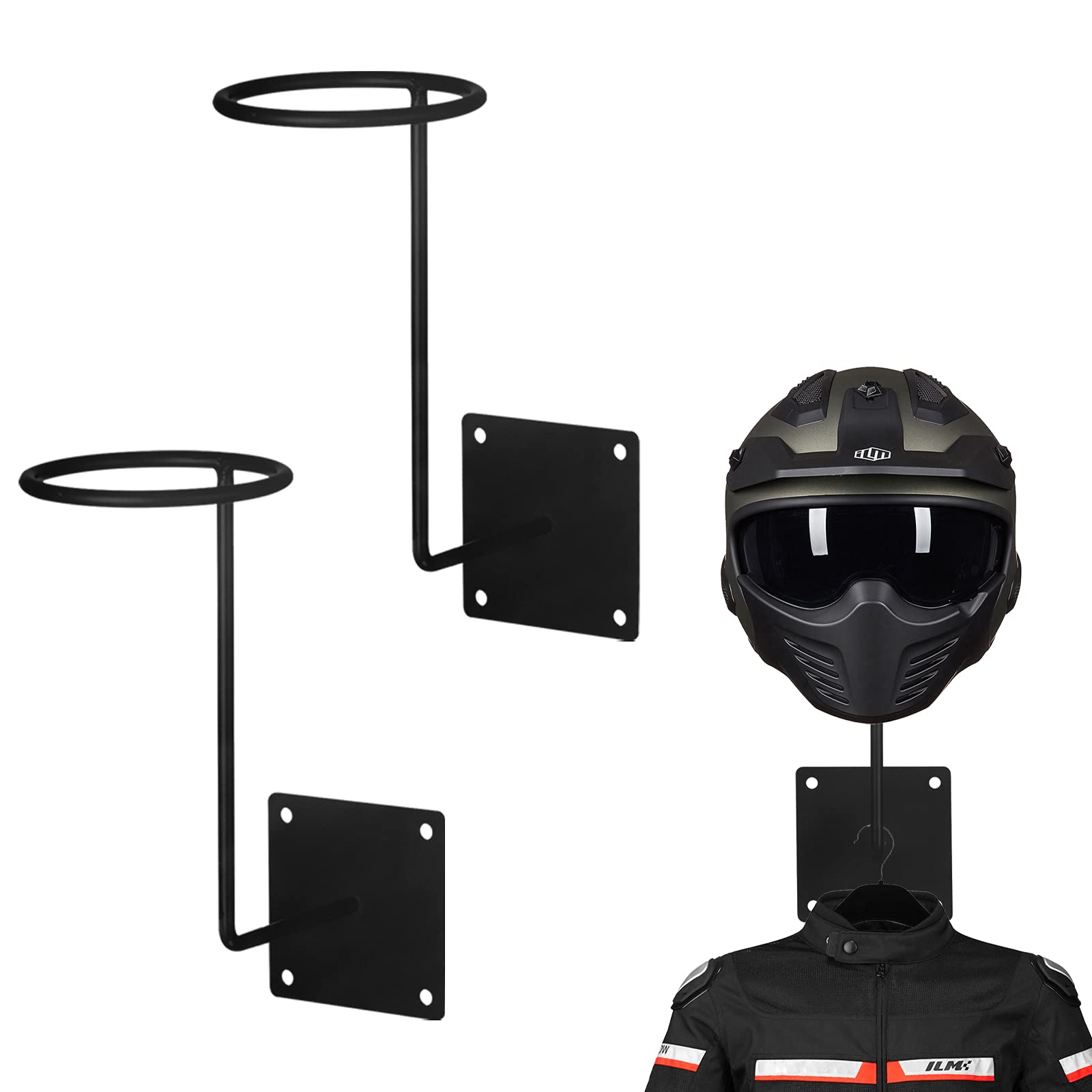 ILM Helmhalter Wand - Helm Halterung Wand Motorrad Garderobe für Motorradhelm, Ablage mit Haken zum Aufhängen von Motorradhelm und Jacke, 2 Stück,Schwarz von ILM