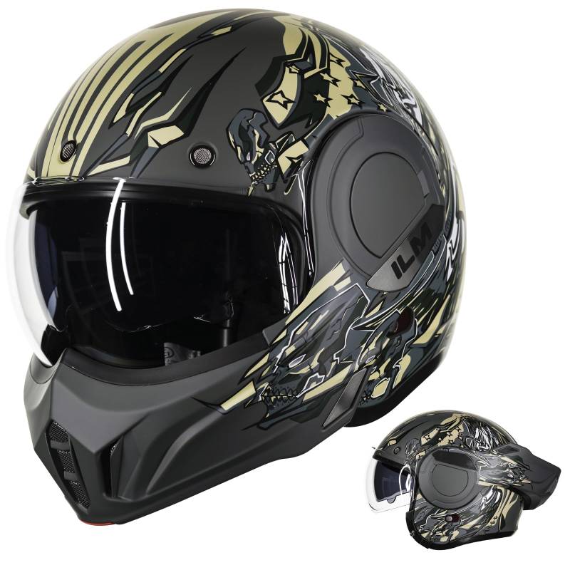 ILM Motorradhelm Integralhelm Klapphelm Fullface Helm Herren Damen ATV UTV mit 180° Umkehrbarer Kinnschutz ECE Model-B707,Armee Grün, L von ILM