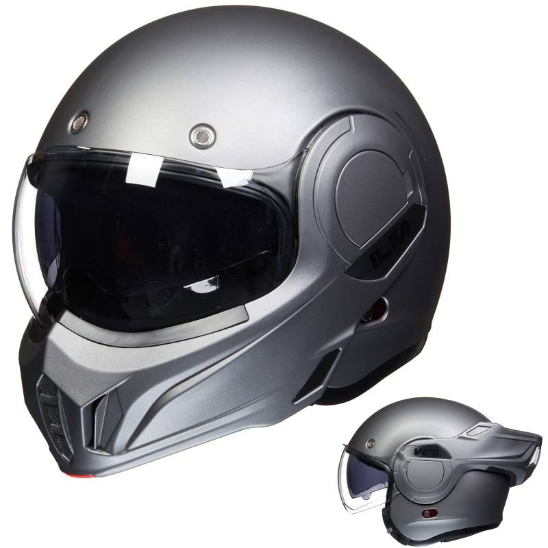 ILM Motorradhelm Integralhelm Klapphelm Fullface Helm Herren Damen ATV UTV mit 180° Umkehrbarer Kinnschutz ECE Model-B707,Mattes Grau, L von ILM