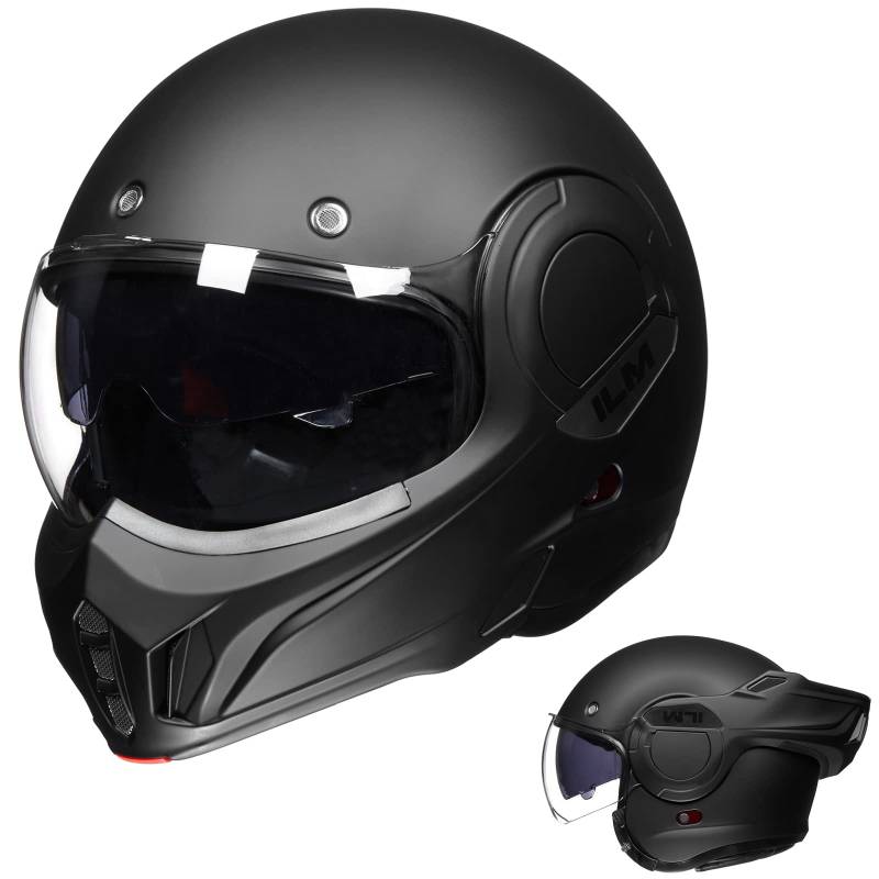 ILM Motorradhelm Integralhelm Klapphelm Fullface Helm Herren Damen ATV UTV mit 180° Umkehrbarer Kinnschutz ECE Model-B707,Schwarz Matt, L von ILM