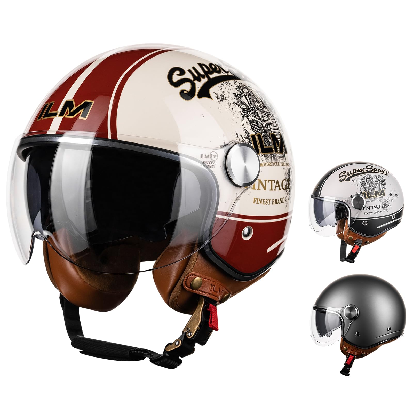 ILM Motorradhelm Jethelm Herren Damen-Motorcycle Helmet Street Bike Motocross Casco ECE Modell B120,Creme Rot, L von ILM