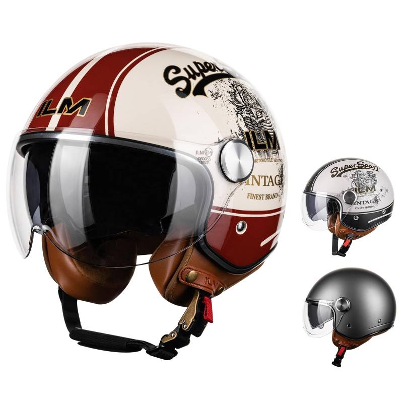 ILM Motorradhelm Jethelm Herren Damen-Motorcycle Helmet Street Bike Motocross Casco ECE Modell B120,Creme Rot, M von ILM