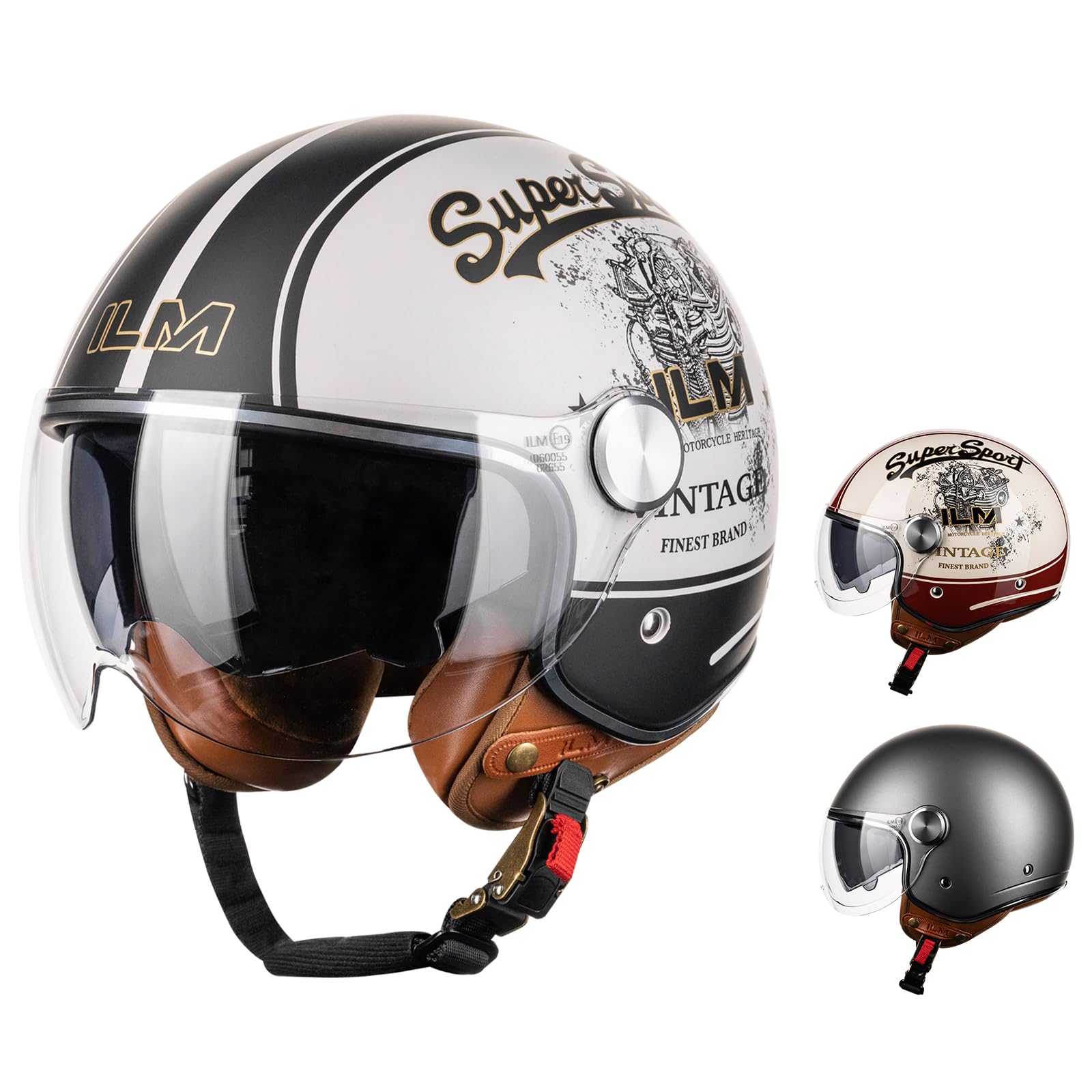 ILM Motorradhelm Jethelm Herren Damen-Motorcycle Helmet Street Bike Motocross Casco ECE Modell B120,Creme Schwarz, M von ILM