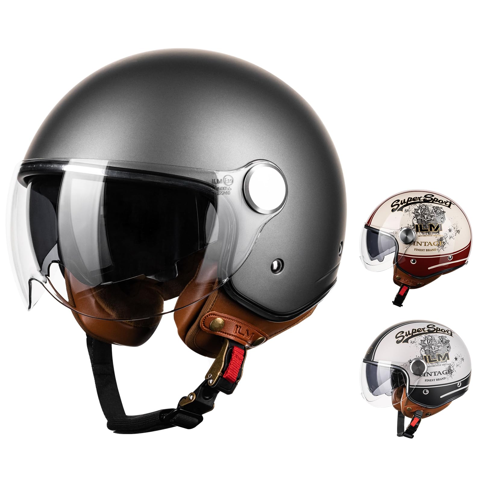 ILM Motorradhelm Jethelm Herren Damen-Motorcycle Helmet Street Bike Motocross Casco ECE Modell B120,Mattes Grau, M von ILM