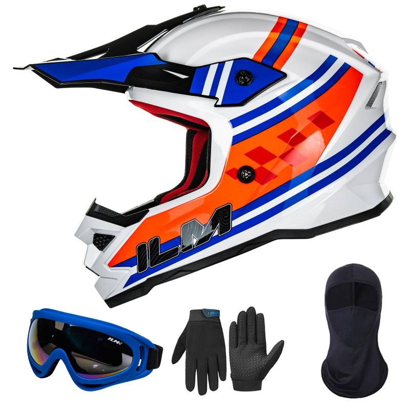 ILM Motorradhelm Kinder Motocross Kinderfahrradreithelm mit Brillen Maske Handschuhe Junge Und Mädchen ECE Model Z705,Classic Racer,L von ILM