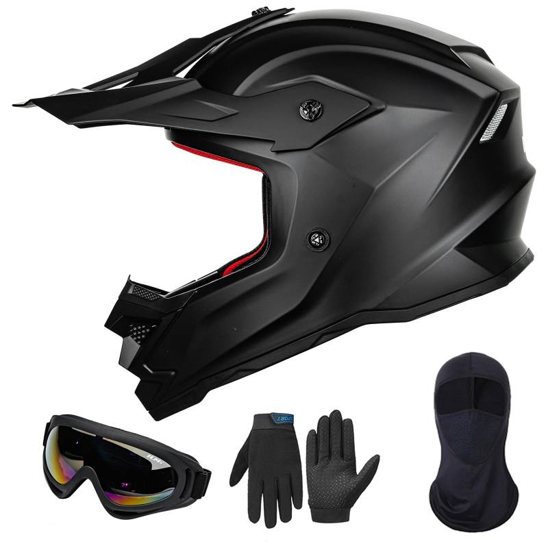 ILM Motorradhelm Kinder Motocross Kinderfahrradreithelm mit Brillen Maske Handschuhe Junge Und Mädchen ECE Model Z705,Matte Black,M von ILM