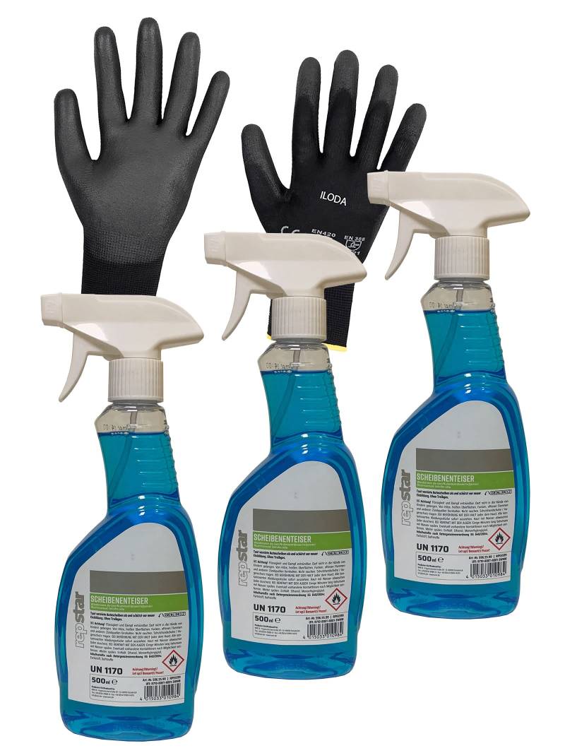 3 x repstar Scheibenenteiser 500ml + 1Paar ILODA Schutzhandschuhe, Enteiserspray Auto, Eisentferner für Autoscheiben von ILODA