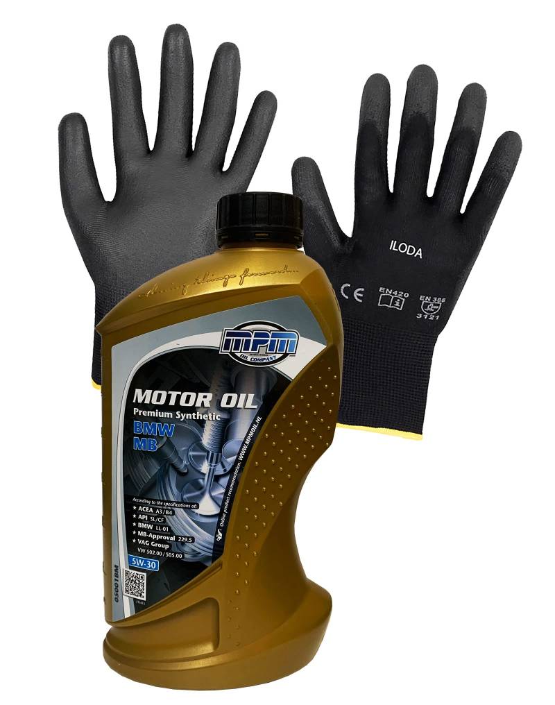 ILODA Schutzhandschuhe + 1x MPM 1Liter 5W-30 Premium Synthetic BMW MB Motröl, ACEA A3/B4, API SL, API CF von ILODA