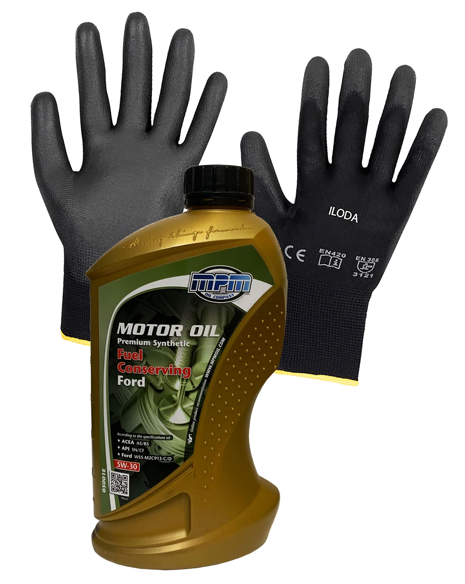 ILODA Schutzhandschuhe + 1x MPM 1Liter 5W-30 Premium Synthetic FUEL CONSERVING FORD Motoröl, ACEA A5 / B5, API CF, API SN von ILODA