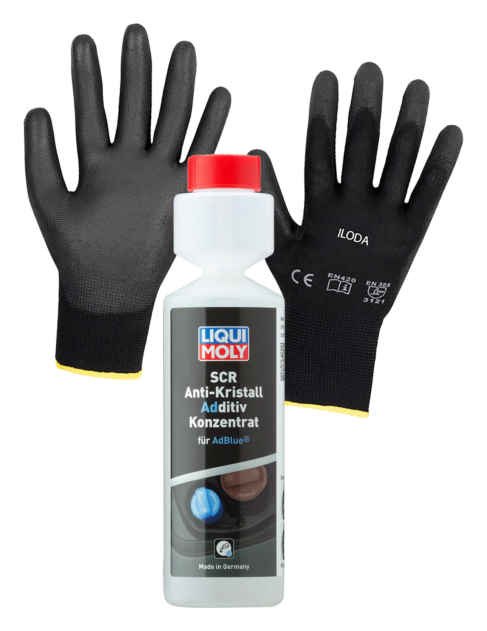 ILODA Schutzhandschuhe + 1xLM 250ml 21898 SCR Anti-Kristall Additiv Konzentrat für AdBlue, reduziert die Bildung von Ablagerungen im AdBlue-Tank von ILODA