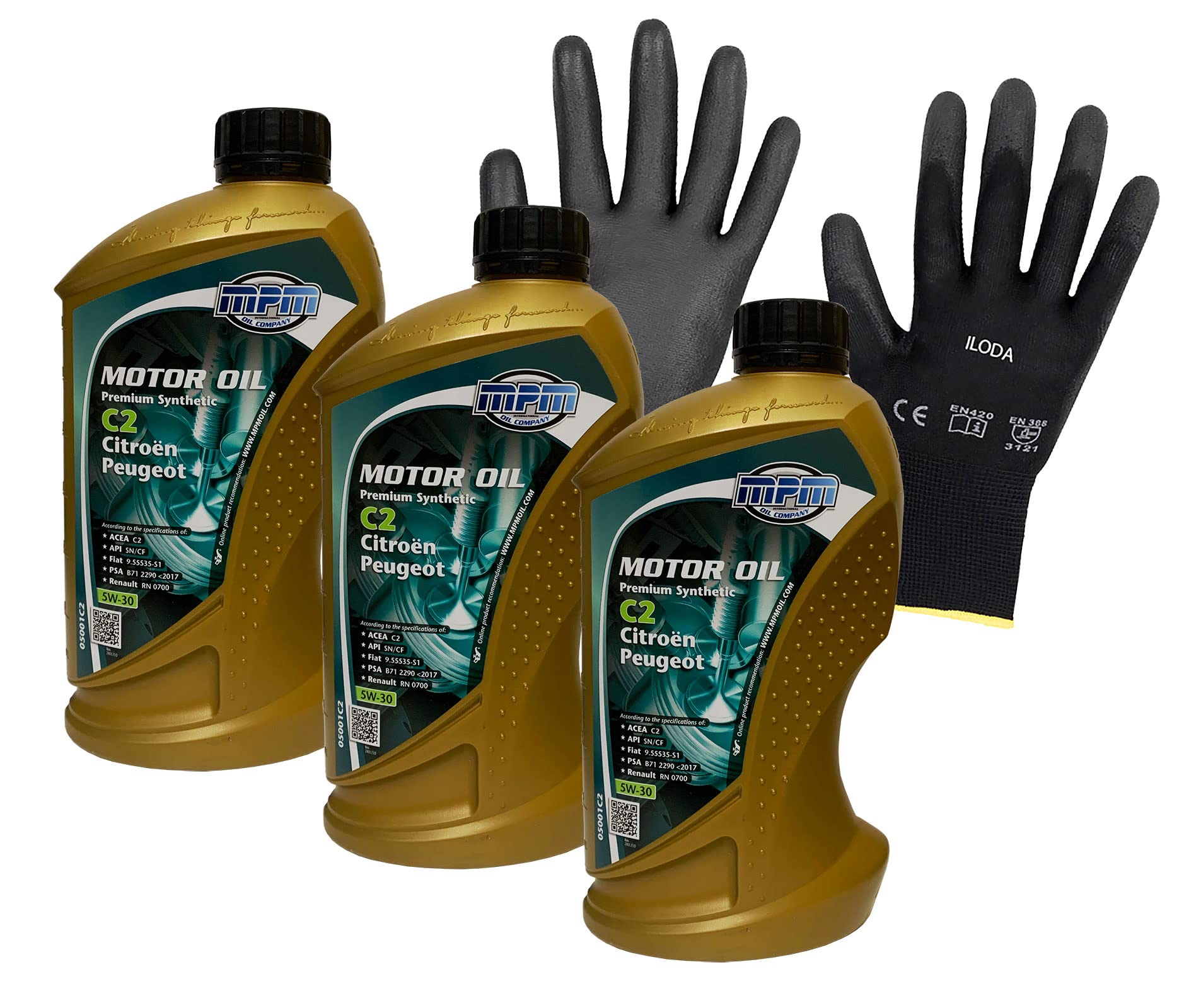 ILODA Schutzhandschuhe + 3x MPM 1Liter 5W-30 Premium Synthetic C2 Citroen Peugeot Motoröl, ACEA C2, API SN, API CF von ILODA