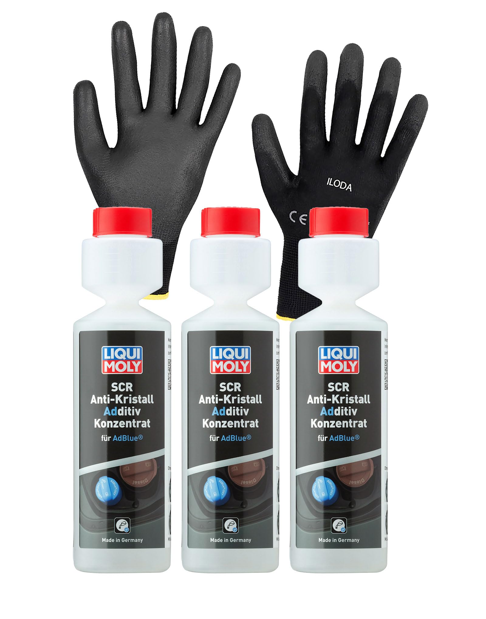 ILODA Schutzhandschuhe + 3xLM 250ml 21898 SCR Anti-Kristall Additiv Konzentrat für AdBlue, reduziert die Bildung von Ablagerungen im AdBlue-Tank von ILODA