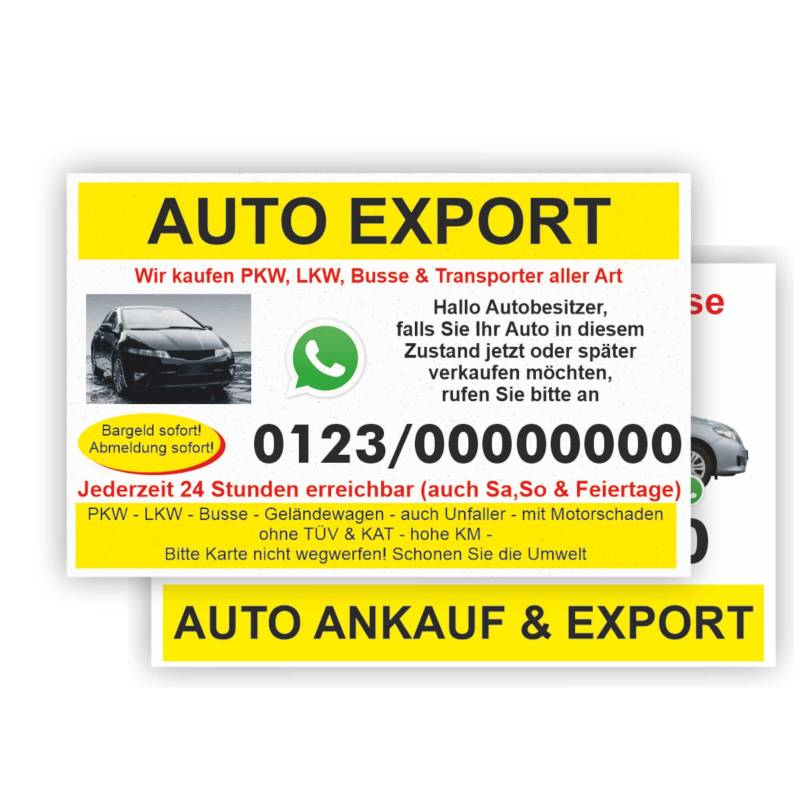 INDIGOS UG® - 1000 Autovisitenkarten für Autoverkäufer matt kaschiert individuell personalisiert - Autoverkäufer Karten matt kaschiert - Design 1 - Auto Ankauf von INDIGOS UG