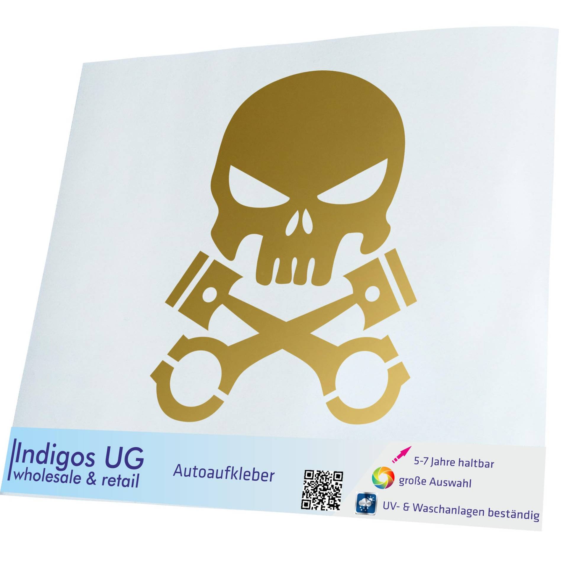 INDIGOS UG Aufkleber - Autoaufkleber - JDM - Die cut - Auto - 300x240 mm - Kolben Skull Schädel - Gold - Heckscheibe - Heckscheibenaufkleber - Sticker - Tuning von INDIGOS UG