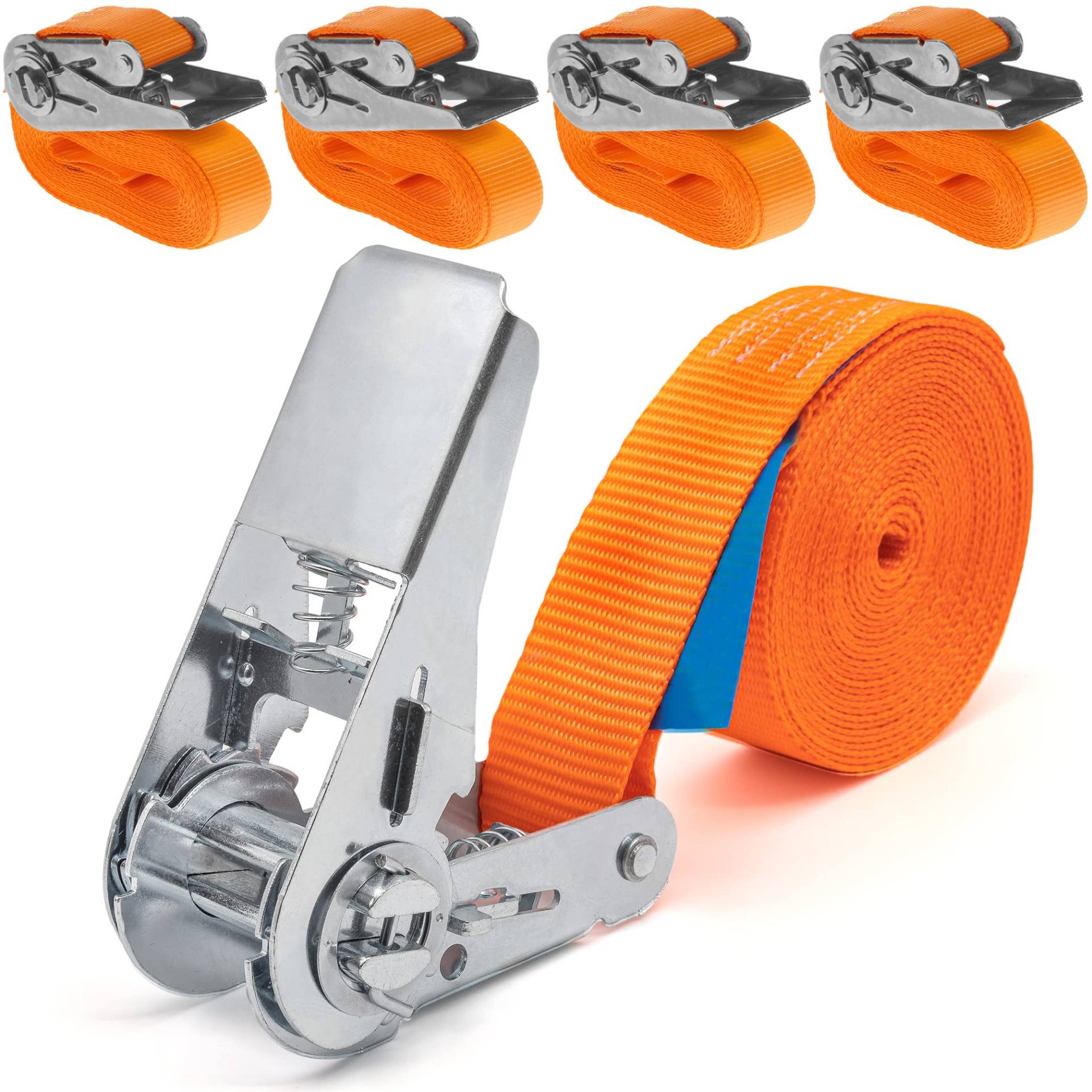 INDUSTRIE PLANET 4 Stück 800kg 4m Spanngurte mit Ratsche einteilig 1-teilig Ratschengurte Zurrgurte 25mm orange 800 daN 0,8t von INDUSTRIE PLANET