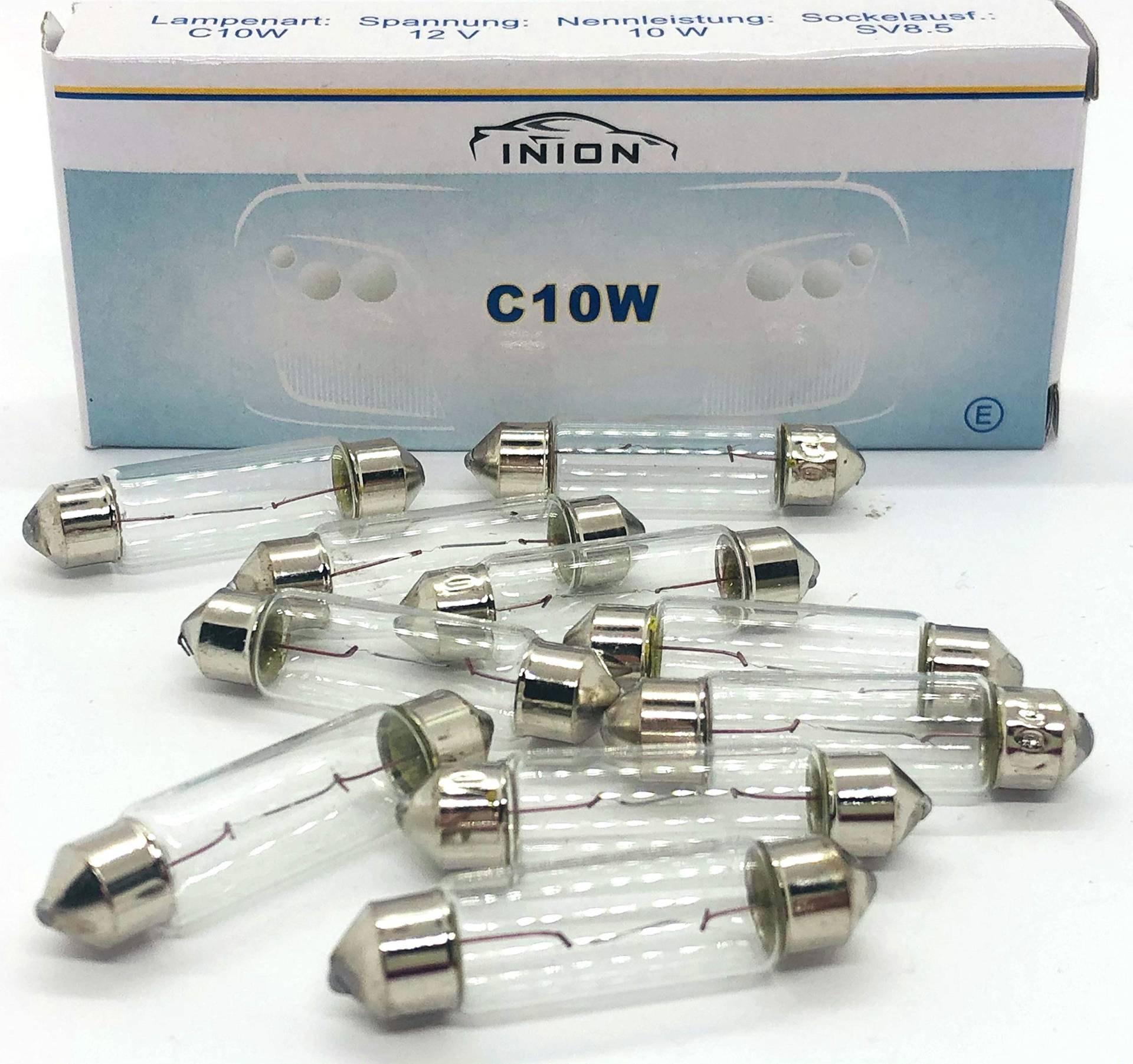 INION 10x Stück – C10W - 41mm - S8.5-12V - 10W - SV8.5-8 - KFZ Beleuchtung - LONGLIFE - Glühlampe Glassockellampe Glühbirne Soffitte Autolampen WERKSTATTWARE von INION