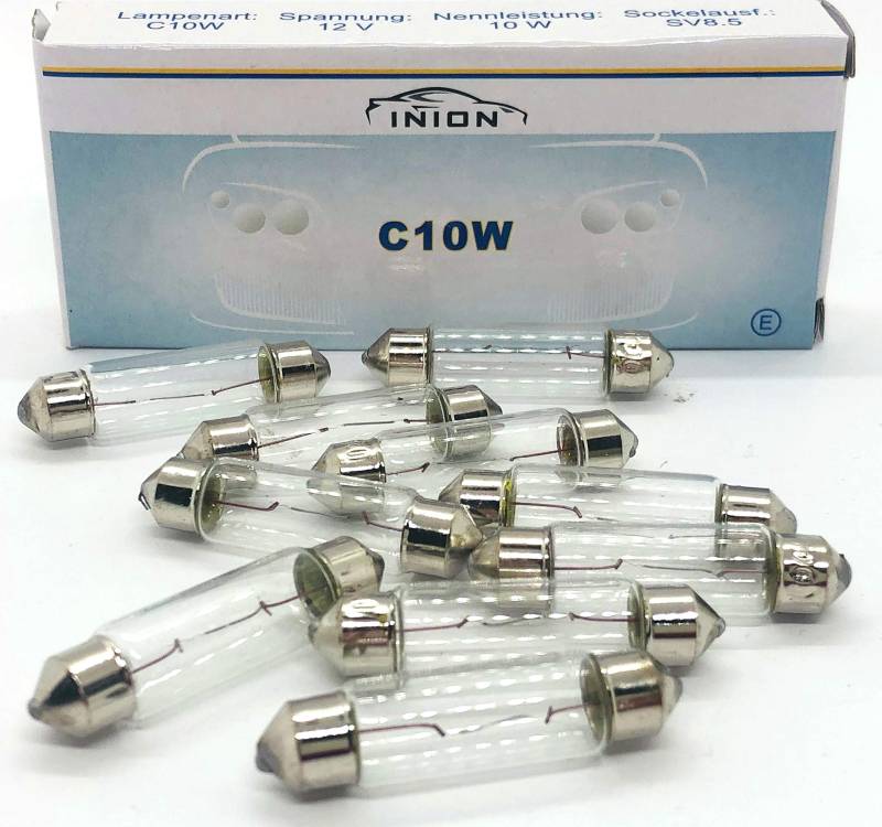 INION 10x Stück – C10W - 41mm - S8.5-12V - 10W - SV8.5-8 - KFZ Beleuchtung - LONGLIFE - Glühlampe Glassockellampe Glühbirne Soffitte Autolampen WERKSTATTWARE von INION