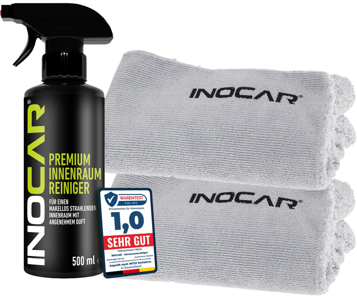 INOCAR® Mikrofasertücher& Premium Innenraumreiniger – Profi-Auto-Pflege-Set für Innen & Außen, Ultra weich, extrem saugstark, langlebig, lackschonend (Set 1+2, 1) von INOCAR