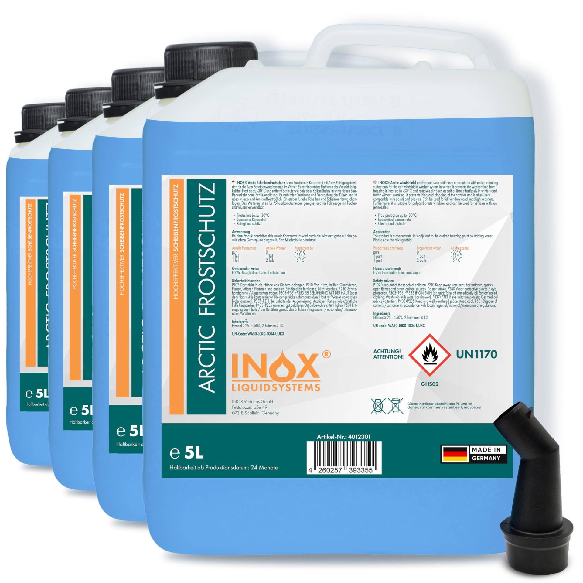 INOX® 4 x 5L Arctic Scheibenfrostschutz Konzentrat bis -30°C - Auto Frostschutzmittel Scheibenwaschanlage - Scheibenwischwasser schlierenfrei von INOX-LIQUIDSYSTEMS