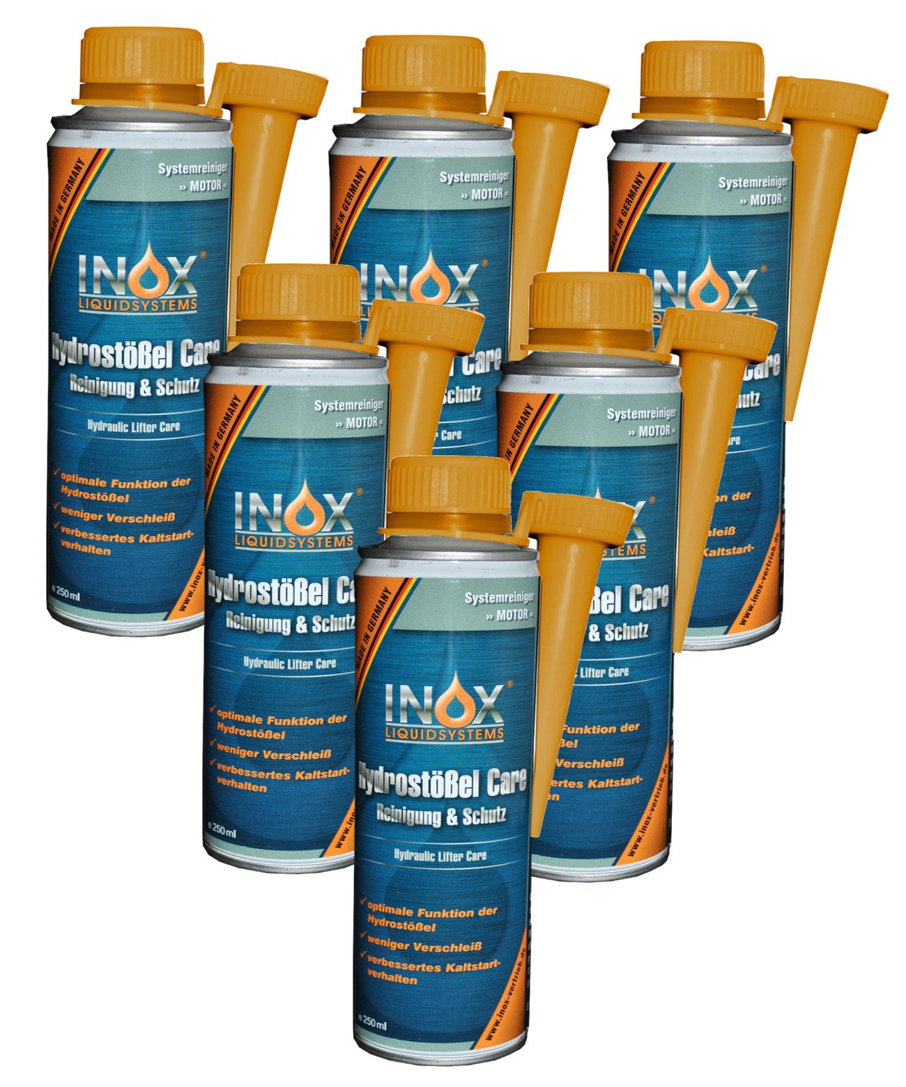 INOX® Hydrostößel Care Reinigung, 6 x 250ml - Reiniger & Schutz Additiv für alle Benzin- und Dieselmotoren, weniger Verschleiß und verbessertes Kaltstartverhalten von INOX-LIQUIDSYSTEMS