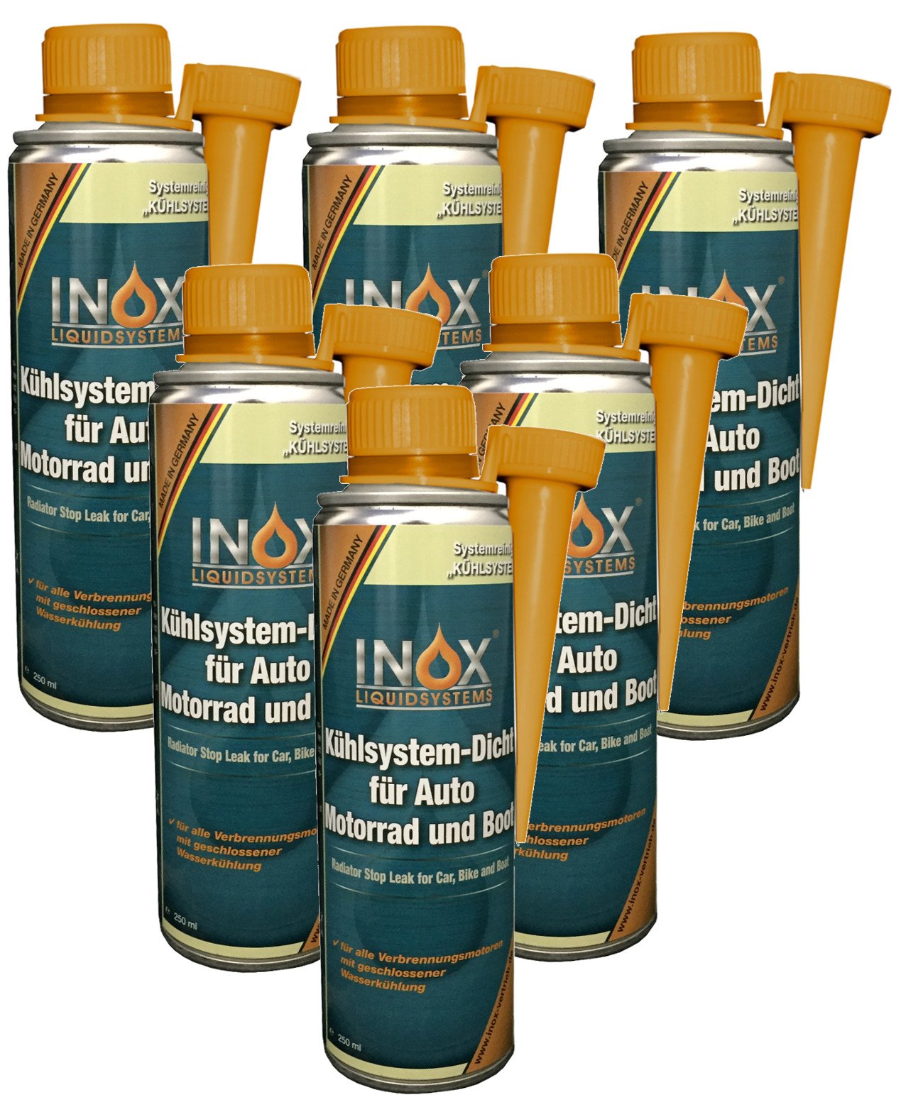 INOX® Kühlsystem Dicht Additiv Kühlsystempflege Aufbereitung, 6 x 250ml - Dichtmittel für Kühlsysteme für alle Verbrennungsmotoren mit Wasserkühlung geeignet von INOX-LIQUIDSYSTEMS
