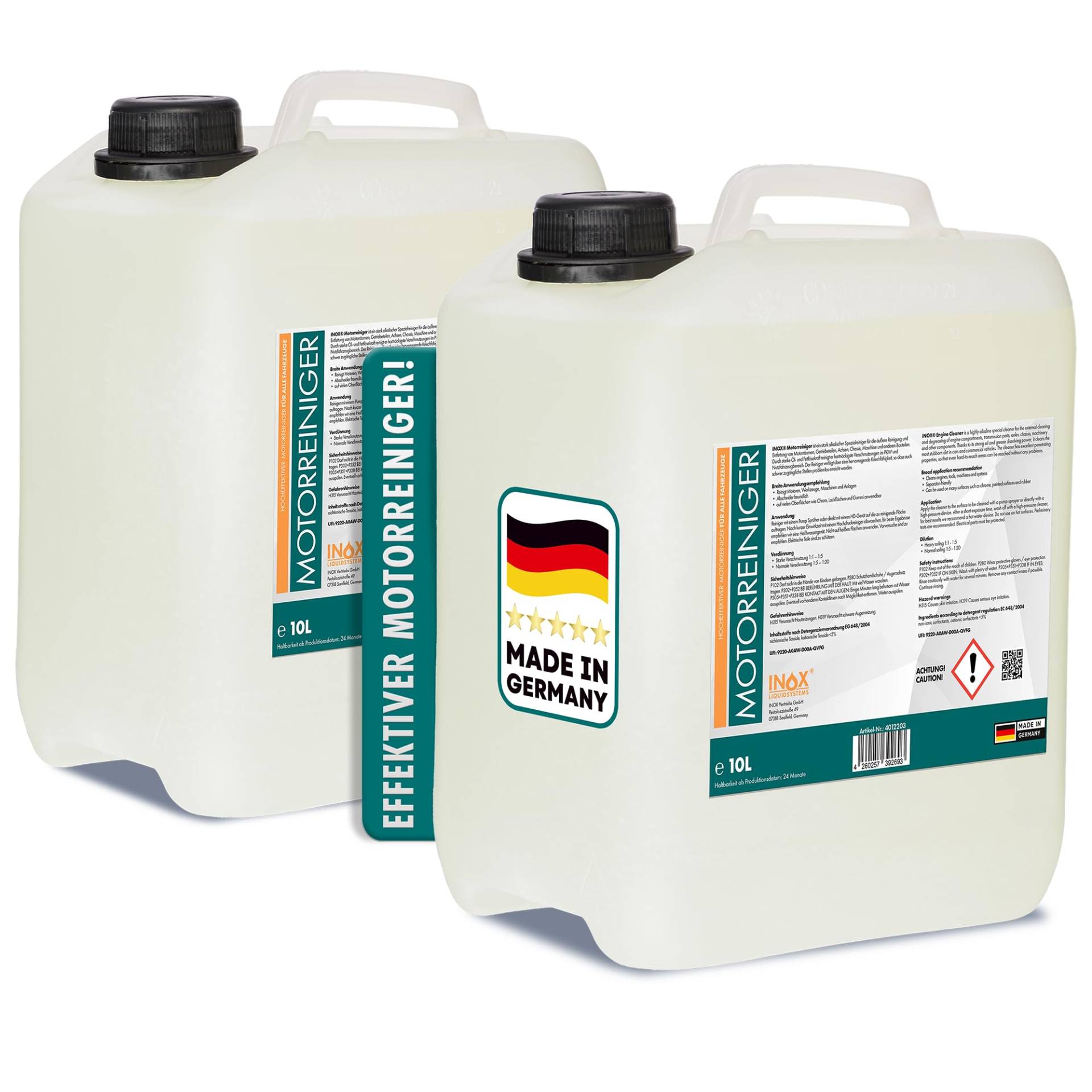 INOX® Motorreiniger - 2x10L Konzentrat – Reiniger-Konzentrat für den Motor - Motorraum Reiniger & Entfetter - Motorsystemreiniger & Pflege von Auto, Motorrad & Anderen Kfz von INOX-LIQUIDSYSTEMS