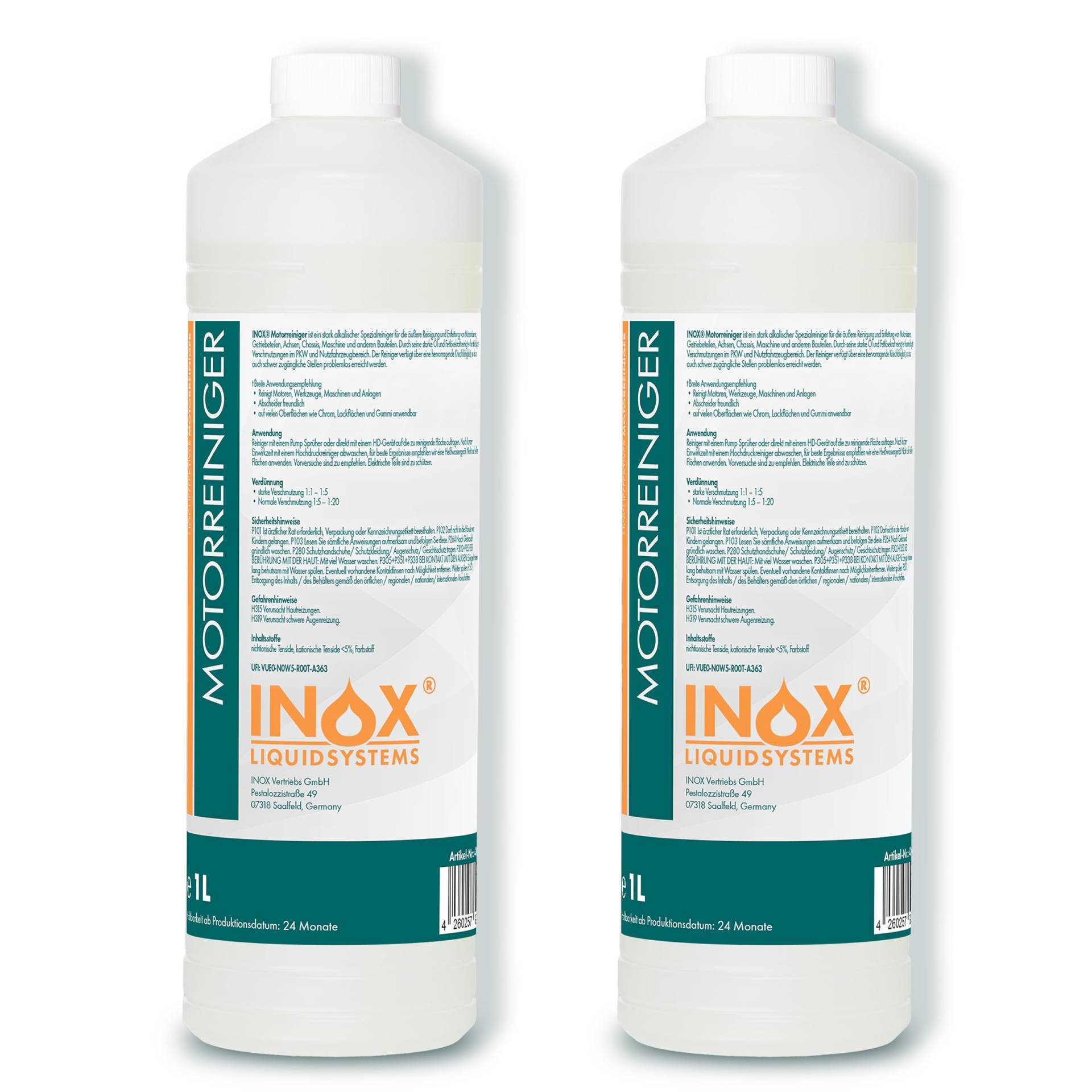 INOX® Motorreiniger - 2x1L Konzentrat – Reiniger-Konzentrat für den Motor - Motorraum Reiniger & Entfetter - Motorsystemreiniger & Pflege von Auto, Motorrad & Anderen Kfz von INOX-LIQUIDSYSTEMS