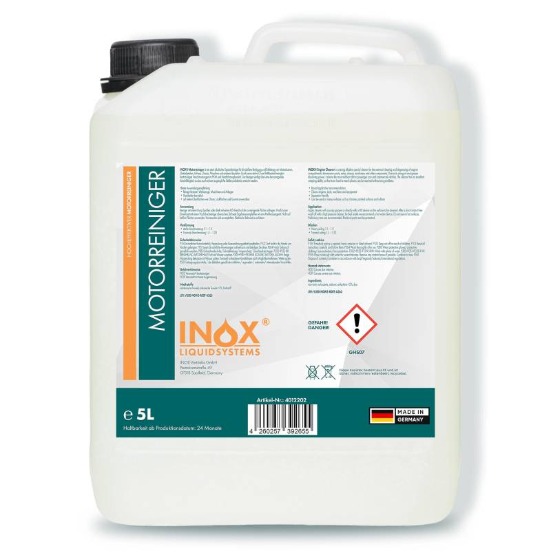 INOX® Motorreiniger - 5L Konzentrat – Reiniger-Konzentrat für den Motor - Motorraum Reiniger & Entfetter - Motorsystemreiniger & Pflege von Auto, Motorrad & anderen Kfz von INOX-LIQUIDSYSTEMS