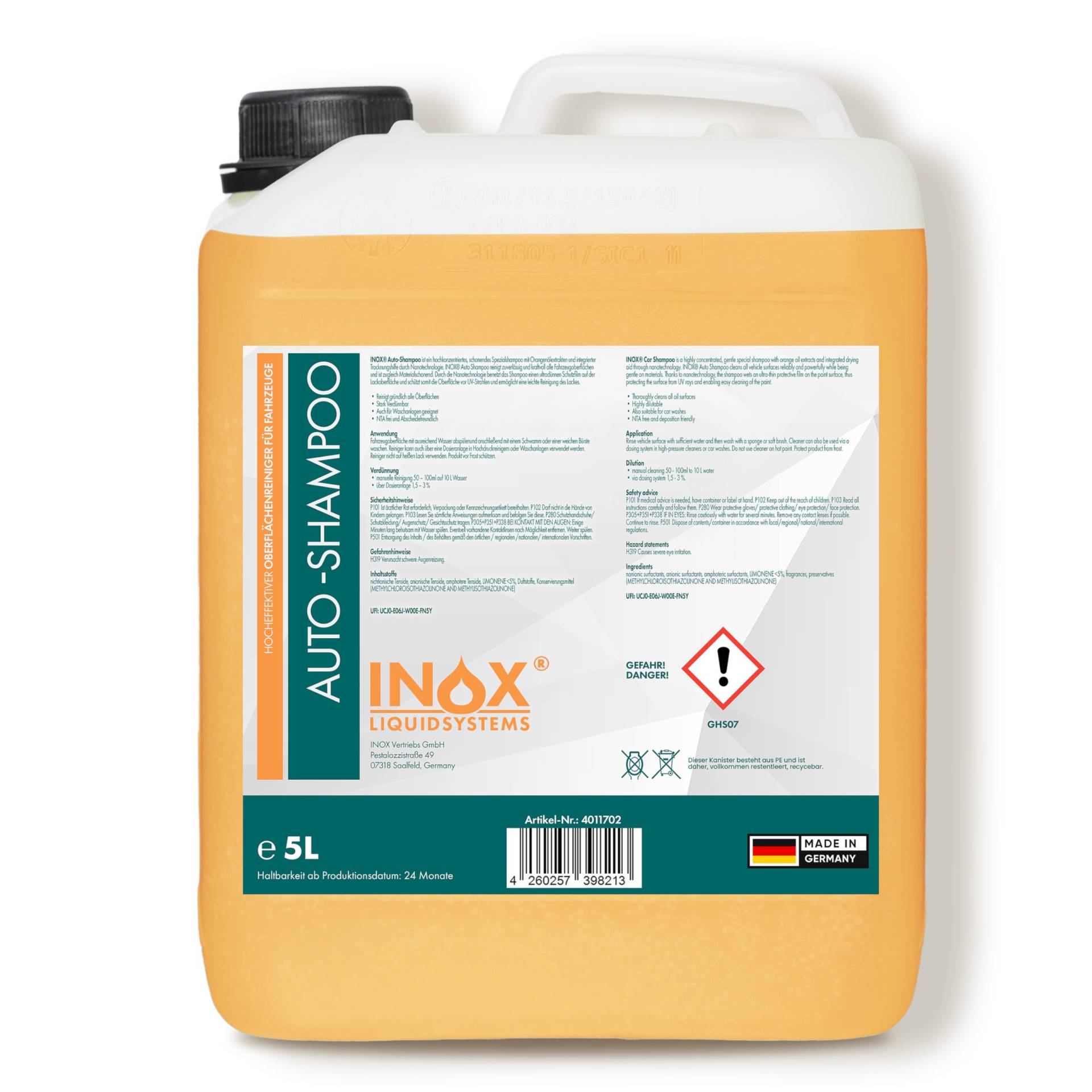 INOX® - Nano Line Autoshampoo Konzentrat im praktischen 5L Kanister | Autoreiniger für PKW, LKW, Wohnmobil und Motorrad | Autoshampoo für Hochdruckreiniger | Sanfte Reinigung von INOX-LIQUIDSYSTEMS