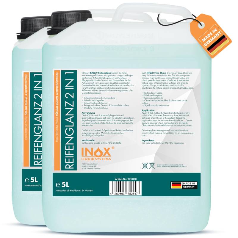 INOX® Reifenglanz - 2x5L Auto Kunststoffpflege & Gummipflege für Außen - Schwarz - Reifenpflege für Reifenglanz - Autoreifen Pflege und Reifen Reiniger - Reifenschwarz Auto von INOX-LIQUIDSYSTEMS