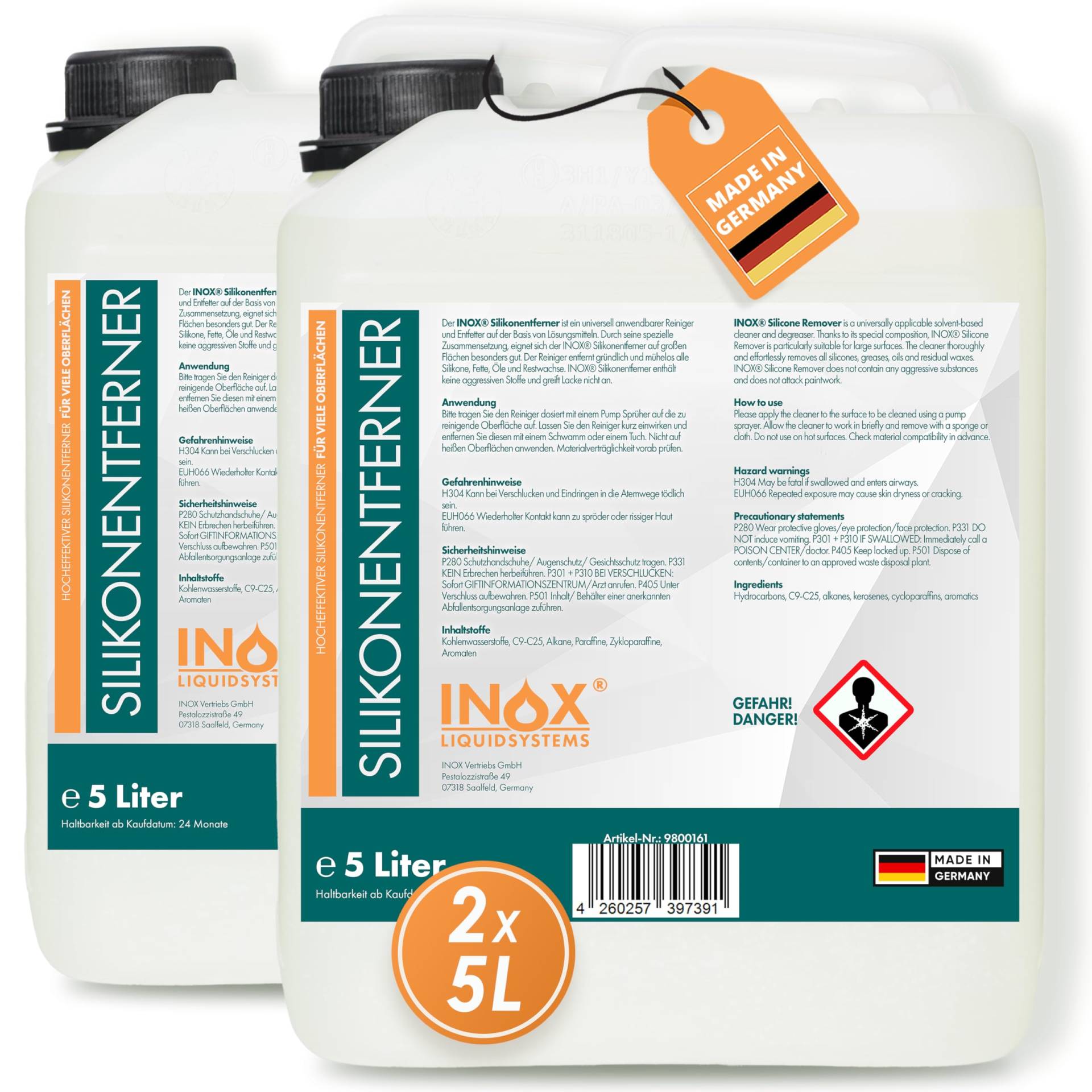 INOX® - Silikonentferner 2x5L IX400 | Der Silikonreiniger entfernt mühelos Fette, Öle & Silikon | Intensive Reinigung | Wachsentferner für Autolack | Besonders schonend von INOX-LIQUIDSYSTEMS