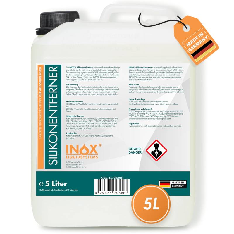 INOX® - Silikonentferner 5l IX400 | Der Silikonreiniger entfernt mühelos Fette, Öle & Silikon | Intensive Reinigung | Wachsentferner für Autolack | Besonders schonend von INOX-LIQUIDSYSTEMS