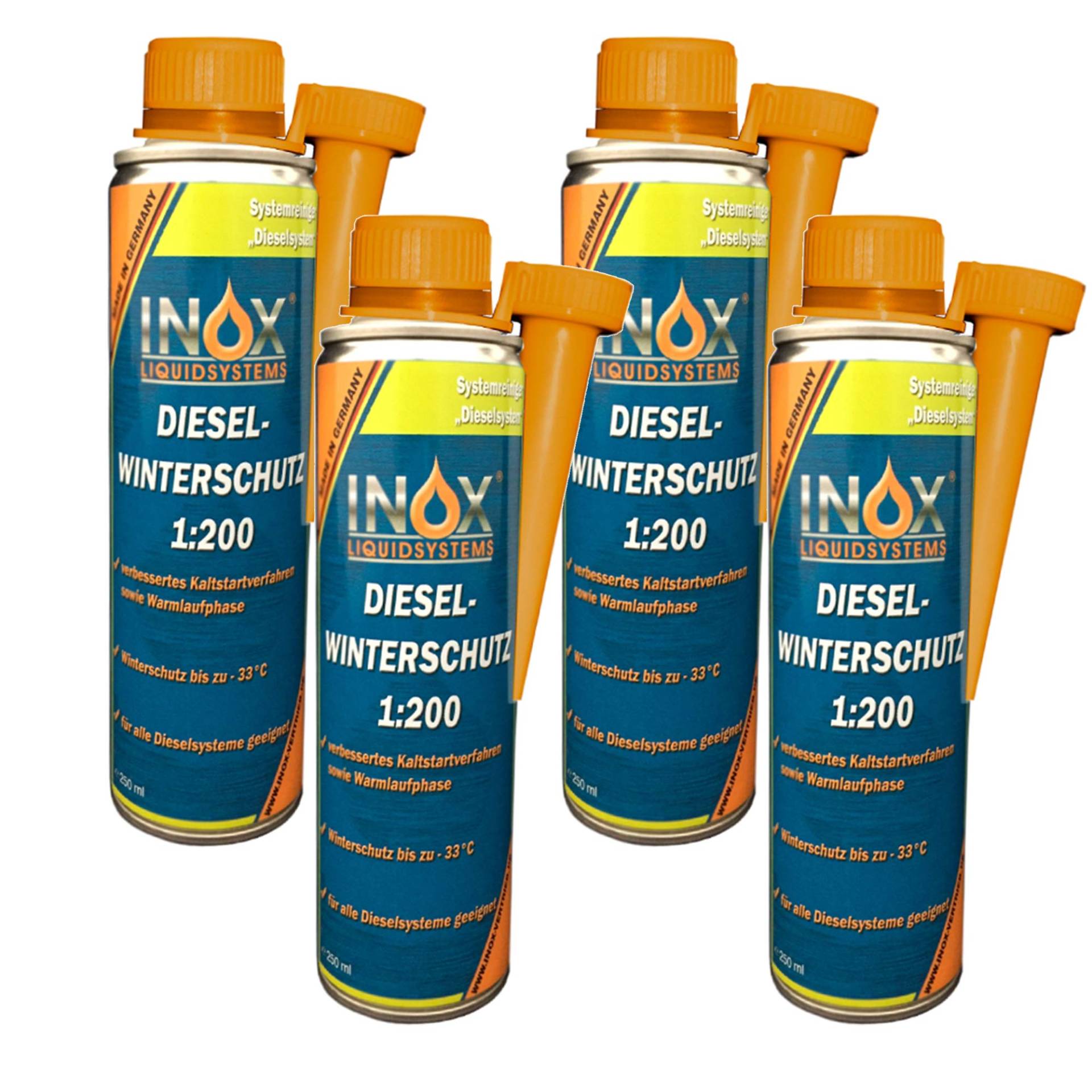 INOX® - Winterzusatz für Diesel | 4x250ml Diesel Additiv | Hoch ergiebig 1:200 | Diesel Frostschutz für Dieselmotoren & Heizsysteme | Fließverbesserer | Frostschutz bis -33 Grad von INOX-LIQUIDSYSTEMS