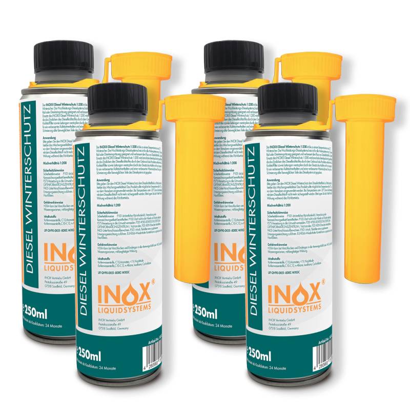 INOX® - Winterzusatz für Diesel | 4x250ml Diesel Additiv | Hoch ergiebig 1:200 | Diesel Frostschutz für Dieselmotoren & Heizsysteme | Fließverbesserer | Frostschutz bis -33 Grad von INOX-LIQUIDSYSTEMS