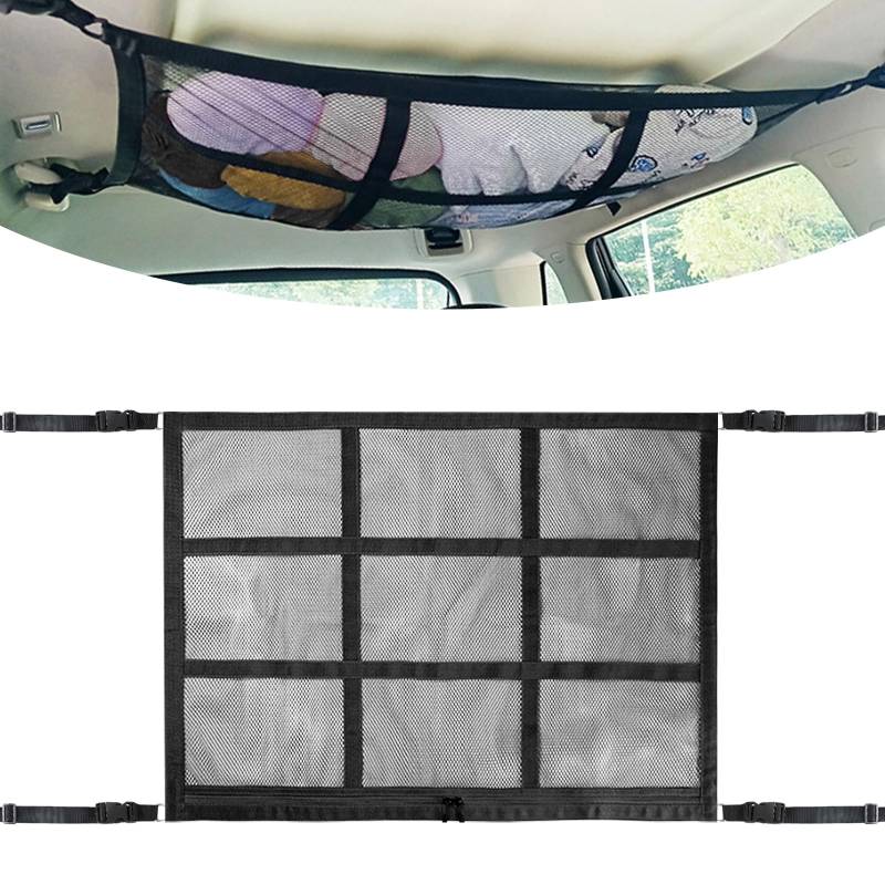 Gepäcknetz Auto, 90X65CM Universal Doppelschicht Gepäcknetz Dach, Autodach Aufbewahrung für Decken, Autogepäcknetzorganizer für Vier Dachhaltegriffe für SUV, Jeep, Van etc von INQUIRLLY