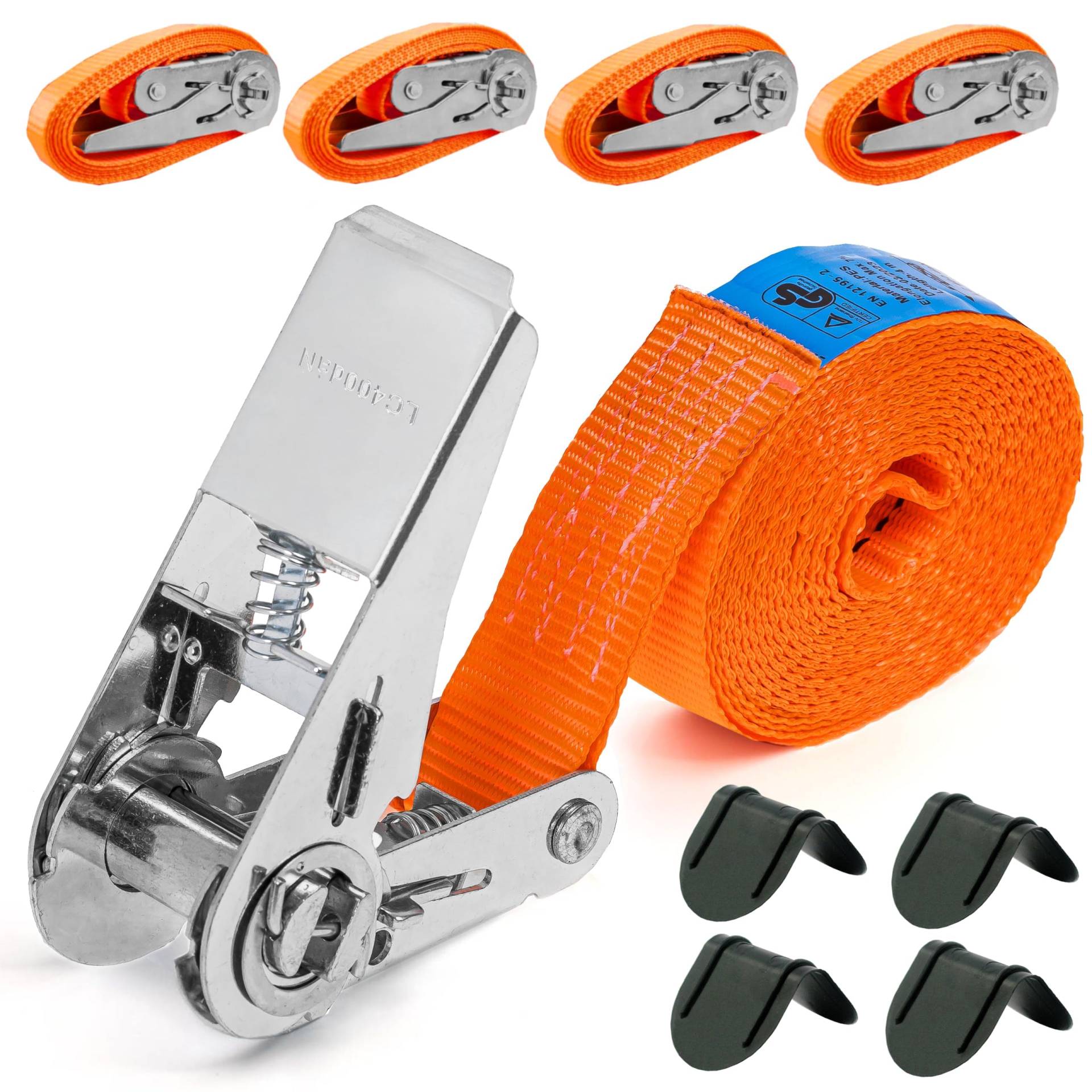 INTAKO Spanngurte mit Ratsche - 800kg x 25mm - 4 Stück - Mini Spanngurt Set - Zurrgurt Klein Einteilig - Ratschengurt Orange - TÜV GS Zertifiziert DIN EN 12195-2 (6m) von INTAKO