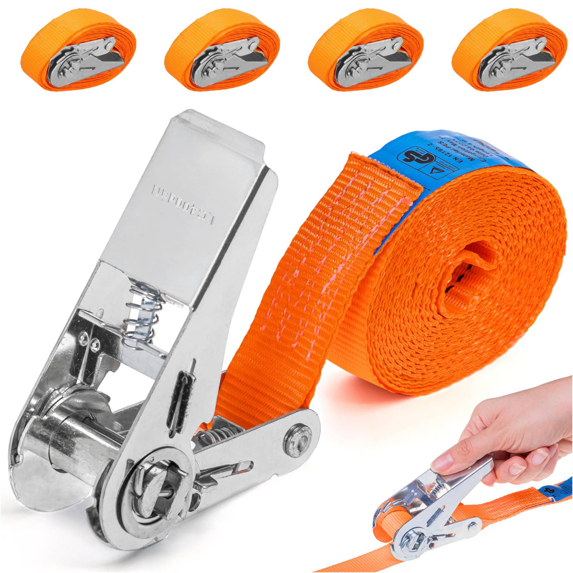 INTAKO Spanngurte mit Ratsche - 4m x 800kg x 25mm - 4 Stück - Mini Spanngurt Set - Zurrgurt Klein Einteilig - Ratschengurt Orange - TÜV GS Zertifiziert DIN EN 12195-2 von INTAKO