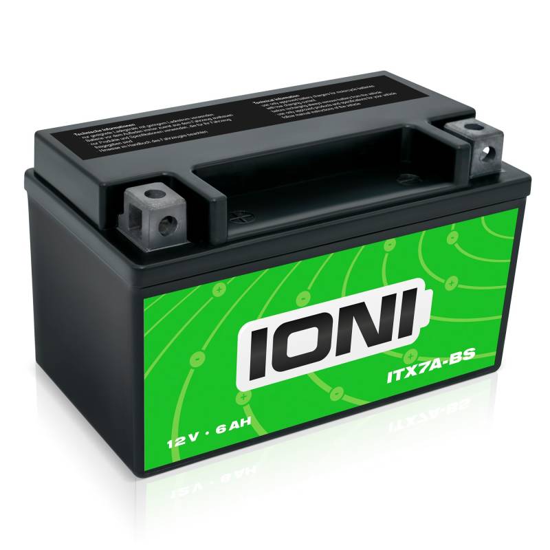 IONI AGM Batterie 12V 6Ah ITX7A-BS Rollerbatterie/Motorradbatterie, wartungsfrei versiegelt vorgeladen kompatibel mit YTX7A-BS CTX7A-BS MG7A-BS-C von IONI