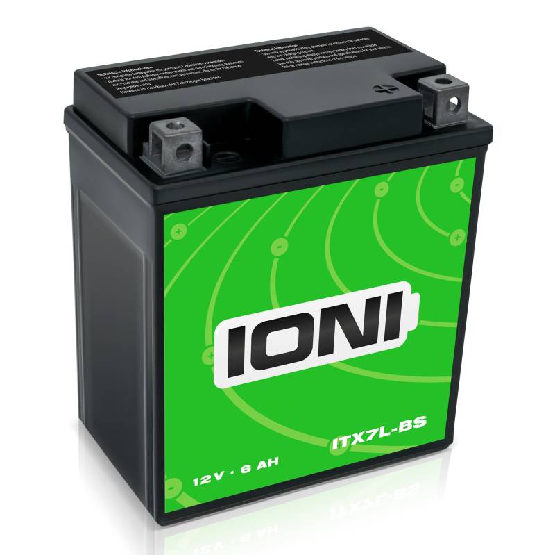 IONI AGM Batterie 12V 6Ah ITX7L-BS Rollerbatterie/Motorradbatterie, wartungsfrei versiegelt vorgeladen kompatibel mit YTX7L-BS CTX7L-BS von IONI