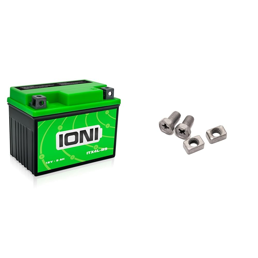 Roller Batterie 12V 5Ah + / AGM IONI ION (TYP - SLA4L-BS) (versiegelt/wartungsfrei) & Ersatz Schrauben/Klemmen für Rollerbatterie/Batterie - (2 Schrauben + Muttern) 5mm von IONI