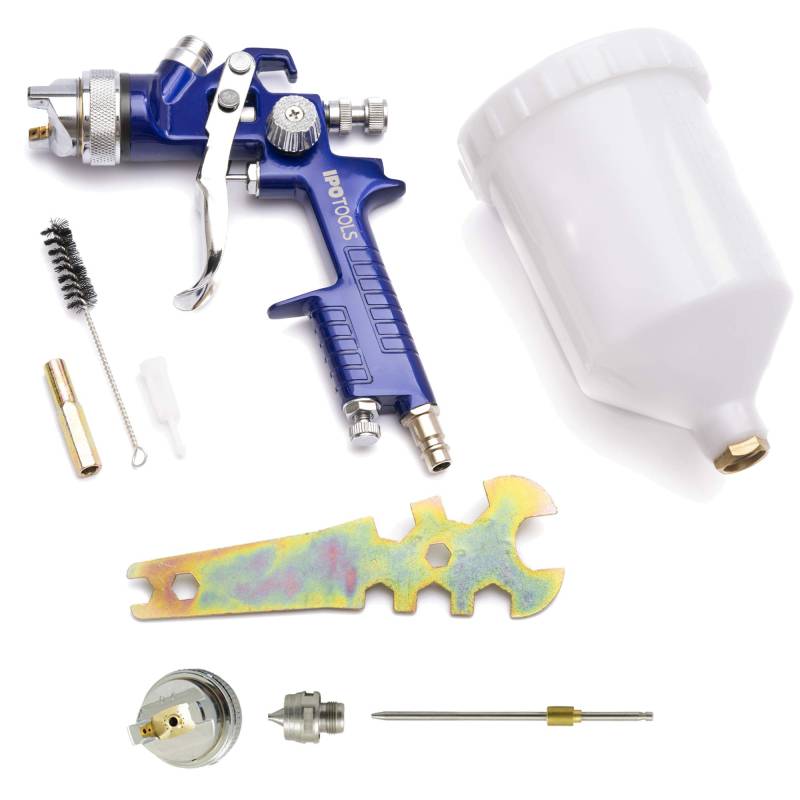 IPOTOOLS HVLP Lackierpistole Spritzpistole 1,3mm + 2,0mm Düse - H-827P Profi Farbsprühsystem Spraypistole mit 600 ml Plastikbecher und Edelstahldüse 1,3mm + Düsensatz 2,0mm von IPOTOOLS