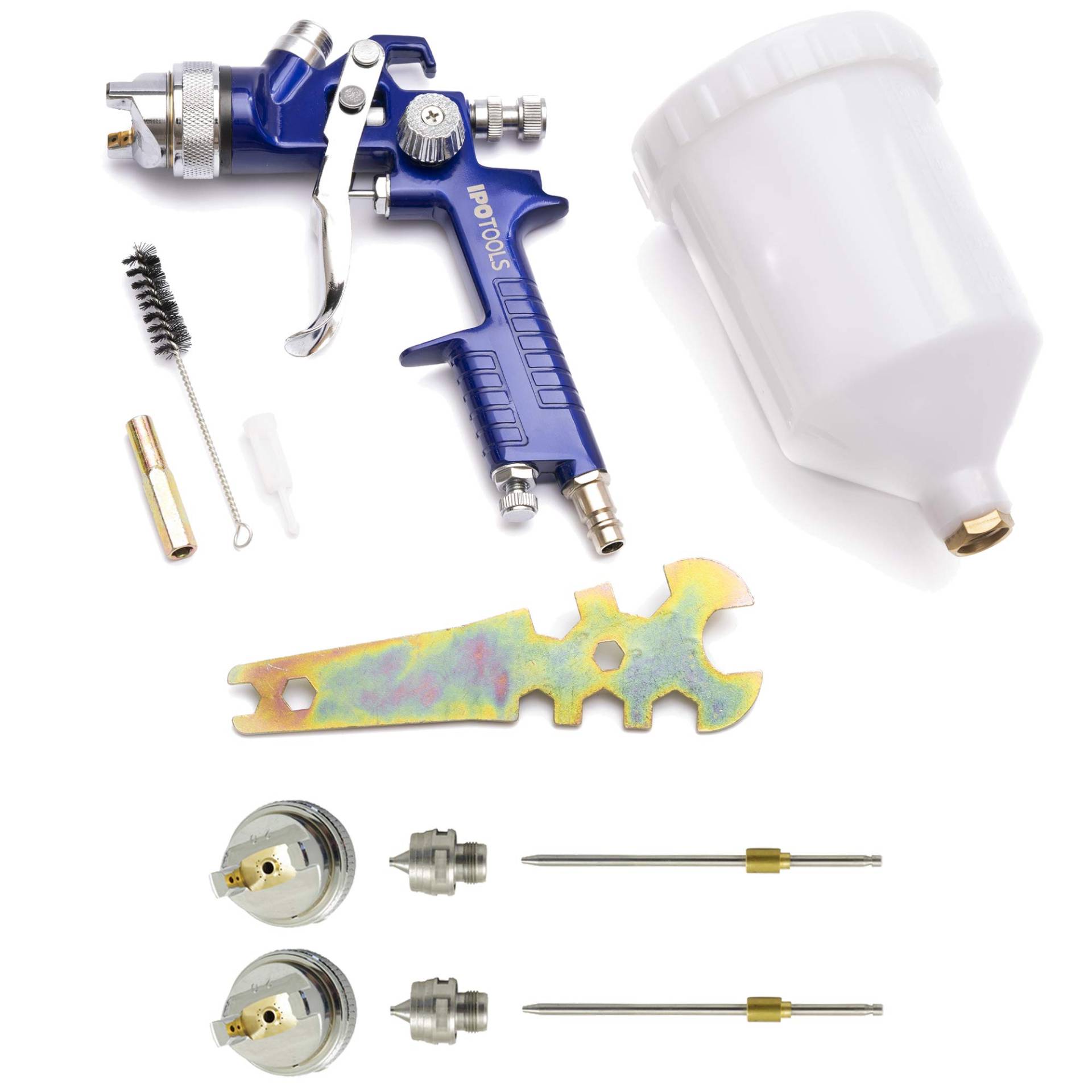 IPOTOOLS HVLP Lackierpistole Spritzpistole 1,3mm + 1,7mm & 2,0mm Düse - H-827P Profi Farbsprühsystem Spraypistole mit 600 ml Plastikbecher und Edelstahldüse 1,3mm + 2X Düsensatz 1,7mm & 2,0mm von IPOTOOLS