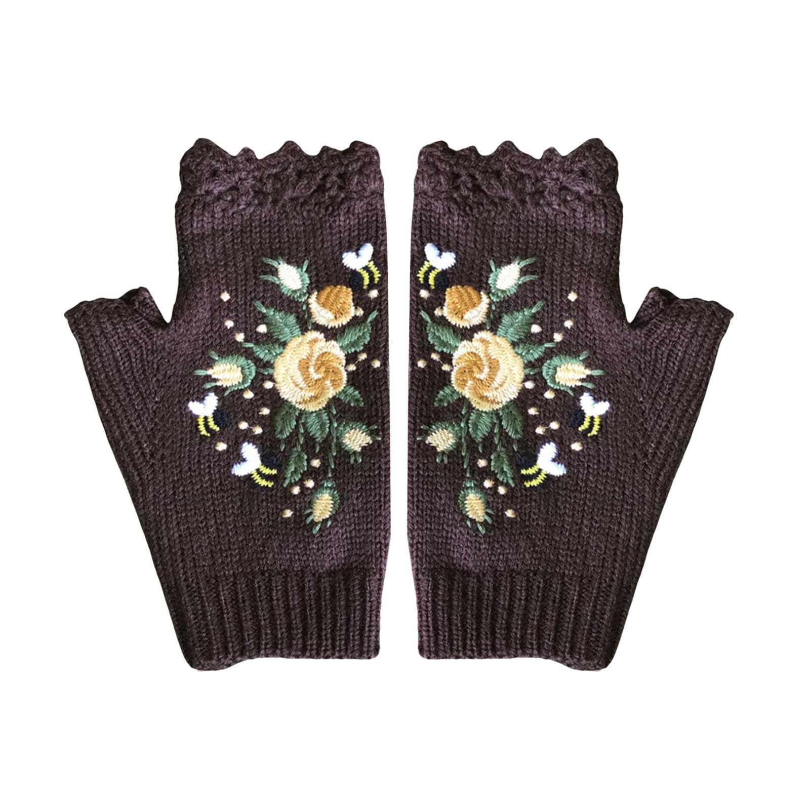 IQYU 2023 Handbestickte Handschuhe Damen-Strickhandschuhe Blumenhandschuhe Gestickte fingerlose Handhandschuhe Handgestrickte fingerlose bestickte Blumenhandschuhe Damen Fingerlose Handschuhe (BW2, A) von IQYU