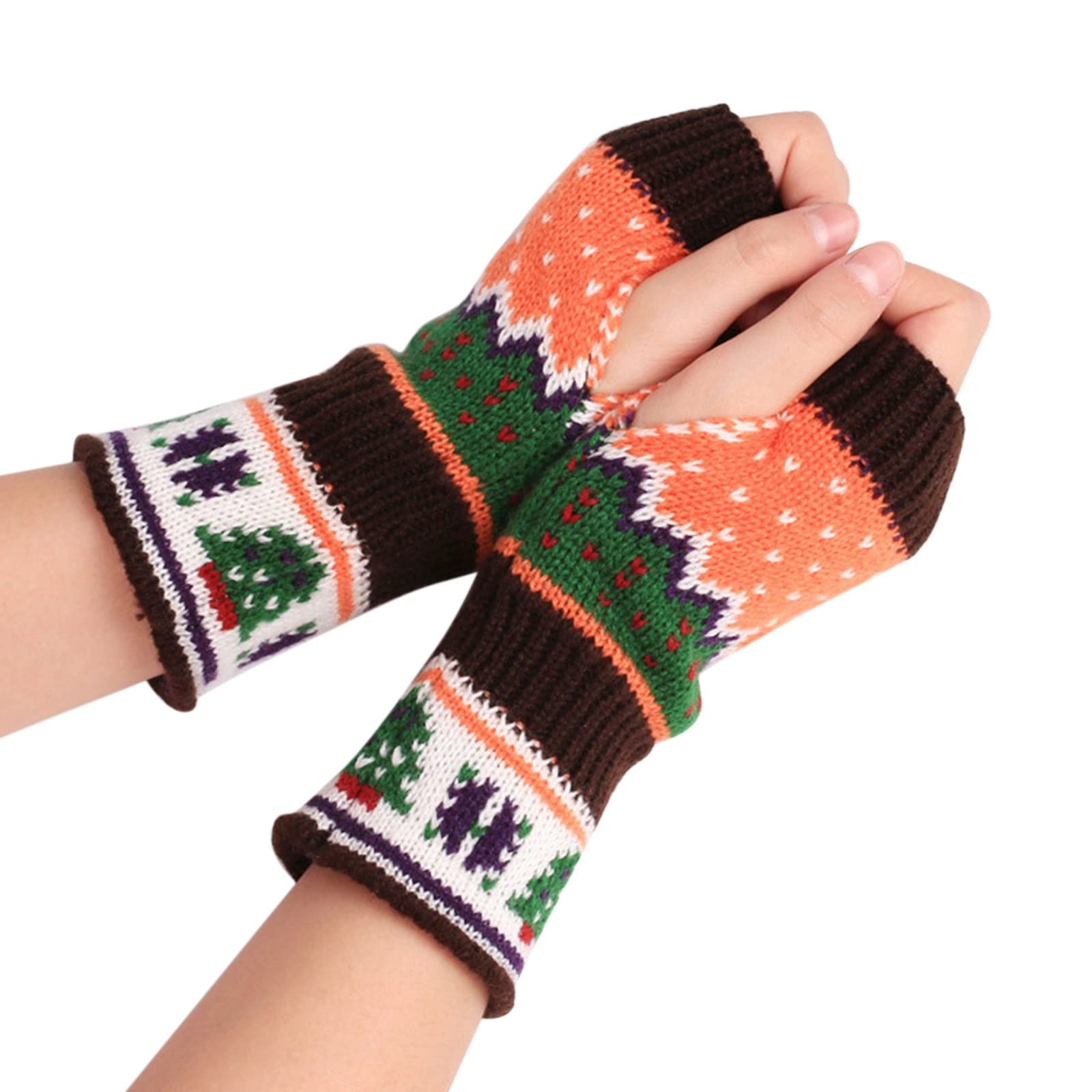 IQYU Damen Weihnachtsbaum Verdickte Wolle Offene Finger Stricken Bunte Warme Halbfingerhandschuhe Handschuhe Touchscreen Damen Strick (C, A) von IQYU