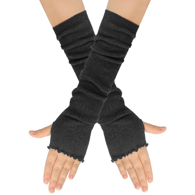 IQYU Festival Schmuck Handschuhe Daumenlöcher für halbe Finger Fäustlinge fingerlose dehnbare warme lange Handschuhe Armstulpen Damen Schwarz Spitze (Dark Grey, One Size) von IQYU