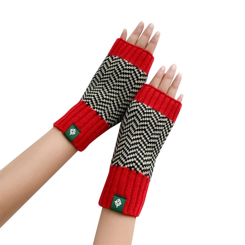 IQYU Halbfinger Handschuhe Damen Winter Fischgrätmuster gewebte halbe Handschuhe Lederhandschuhe Damen Rot (B, One Size) von IQYU