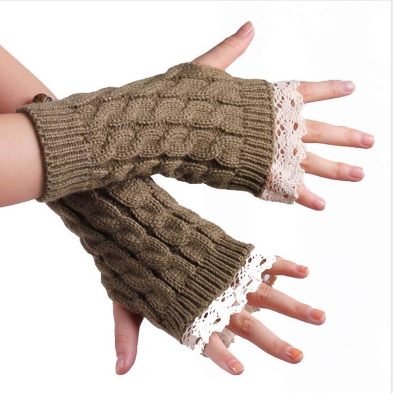 IQYU Handschuhe Damen Winter Touchscreen feste Halbfuss Fingerlose Spitze gestrickte Damenhandschuh Handschuhe Ohne Finger Damen Mit Fell (Khaki, One Size) von IQYU