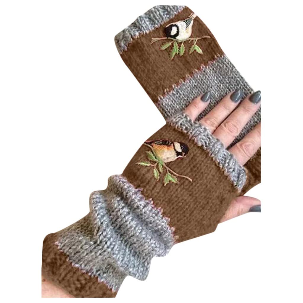 IQYU Handschuhe Schaft Damen Stickerei samt Strick Outdoor-Plus Winterhandschuh Handschuh Netzhandschuhe Damen Hautfarben (Coffee, One Size) von IQYU