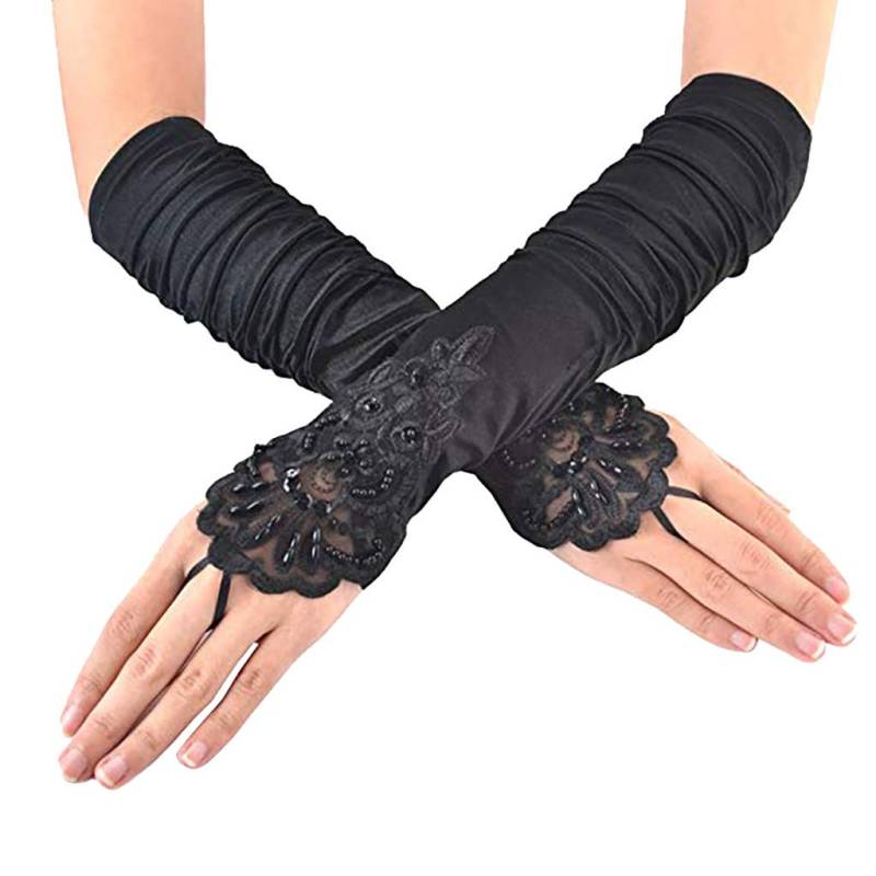 IQYU Handstulpen Handarbeit Elegant Damen Satin 1920er Handschuhe Oper Ellenbogenlange Handschuhe Handschuhe Glätteisen (Black, One Size) von IQYU