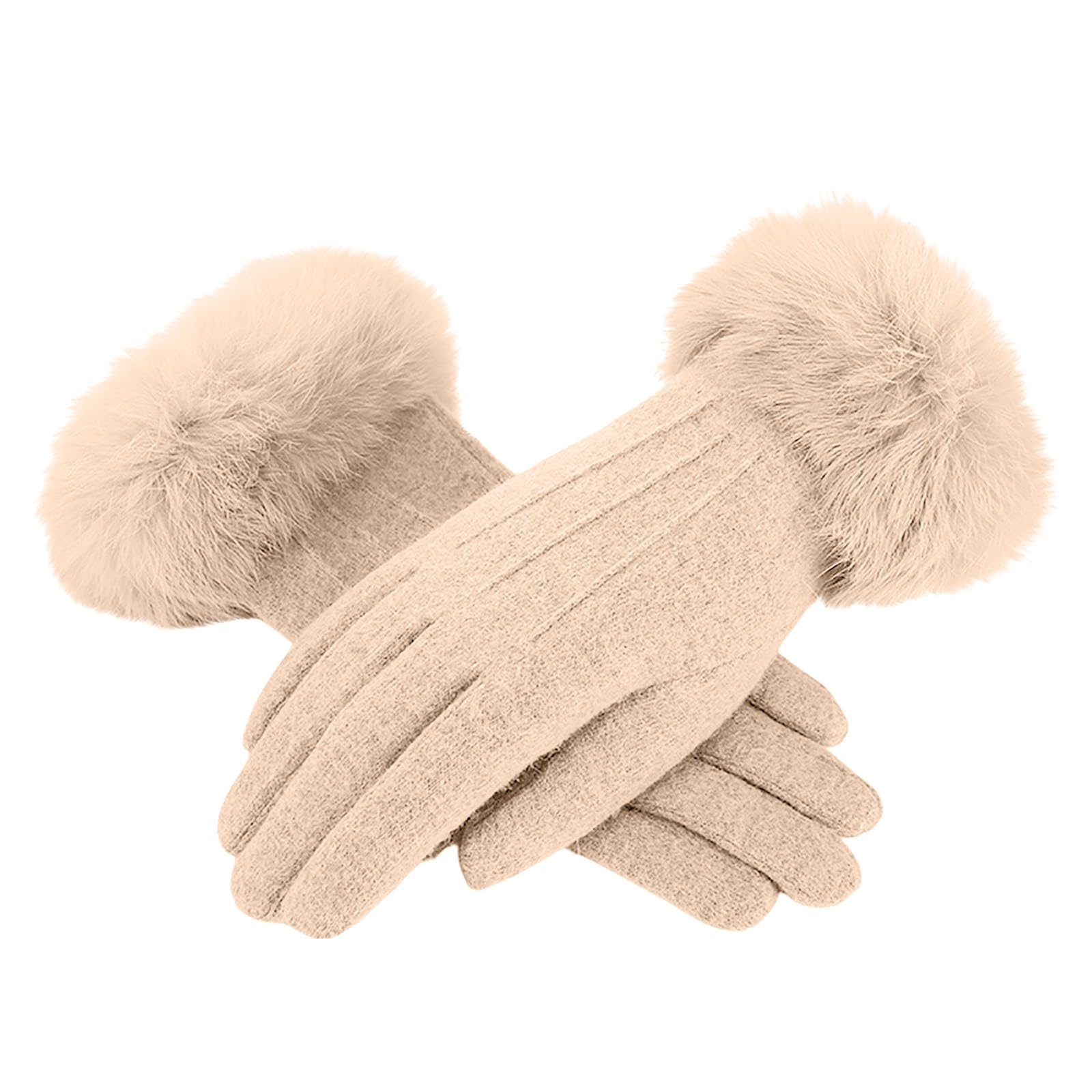 IQYU Kostüm Baumwolle Screen Gloves For Women Fleece Lined Gloves Furry Cuffs Soft Thermal Winter Ski Gloves Herrenhandschuhe Warm Wolle (Beige, One Size) von IQYU